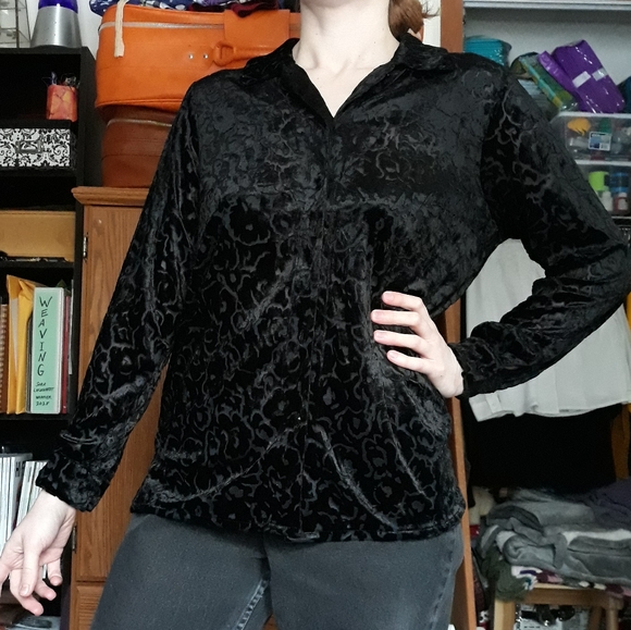 90s Laura Scott Black Velvet Burnout Button-Up Shirt Blouse Size SP Whimsigoth - Picture 4 of 8